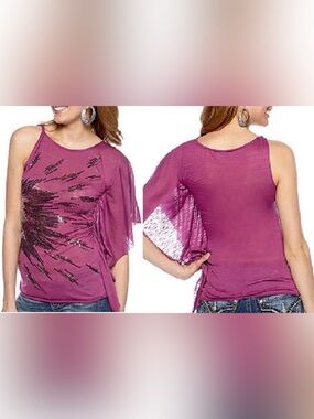 Miss Me Y2K One Shoulder Batwing Drape Tunic Top Sequin Beaded Embellished LARGE